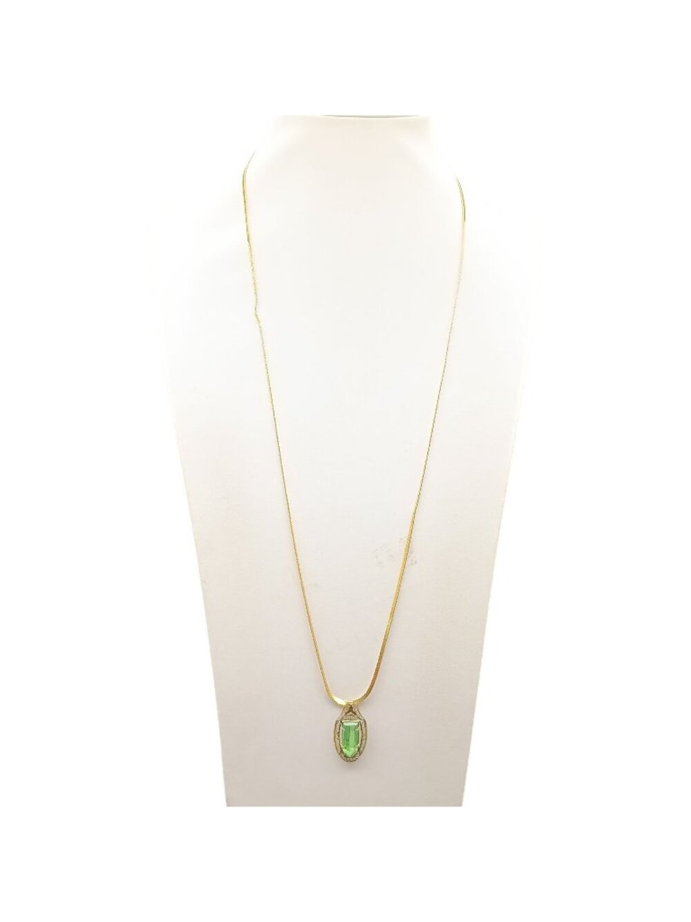 Vintage Gold-Tone Necklace with Green Crystal Pendant Oval Brass Gilt Filigree